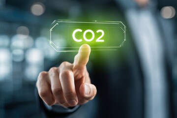 Obraz premium Person touching CO2 digital interface in modern office