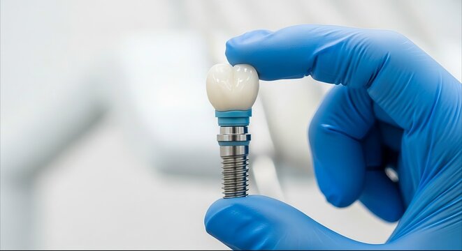 Gloved hand holding dental implant tooth model on clinical blurred background