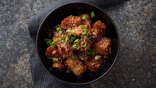 Baked pork with toasted sesame and fresh scallions displayed in a fashionable black bowl over textured backdrop