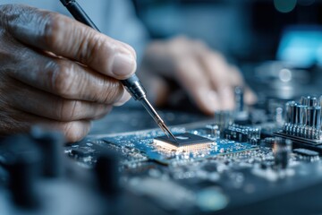 Obraz premium Technician repairing computer motherboard with precision tool close up