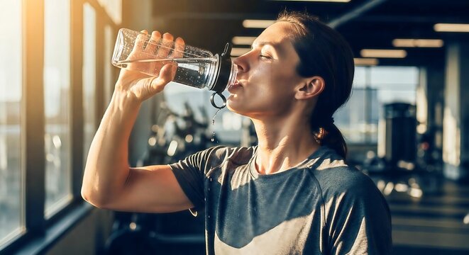 Woman hydrating with water bottle in a modern gym, emphasizing fitness and healthy lifestyle