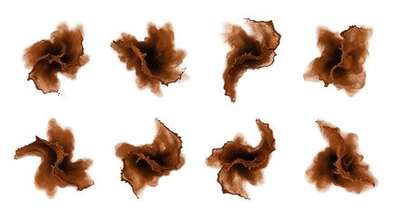 Naklejka premium brown powder explosions on white background swirling and floating for design elements and visual effects