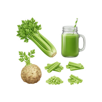Fresh celery stalks, root smoothie jar, and chopped pieces collection isolated
