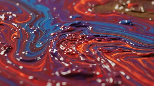 Abstract colorful liquid paint texture with swirling patterns and glossy surface in vibrant red and blue tones