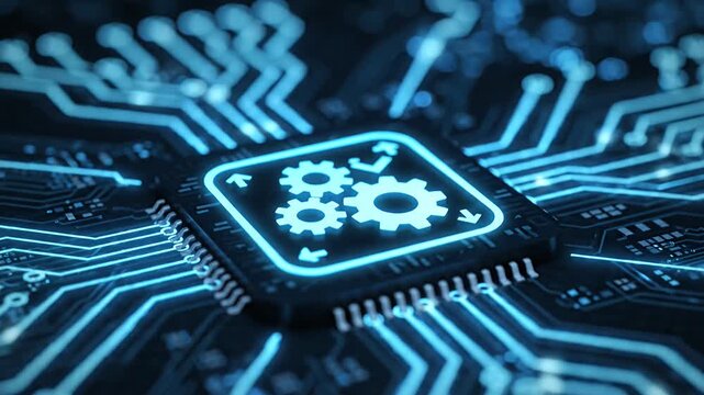 Close up of a digital circuit board with a glowing processing symbol