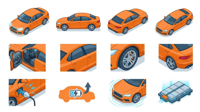 Set of Orange Car Icons and Details.
