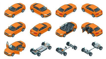 Set of orange cars in isometric view with chassis and components. © Putra