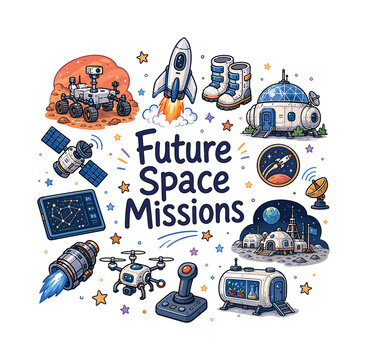 Future Space Missions. Hand drawn illustration of Future Space Missions. Mars rover, futuristic rocket, astronaut boots, space habitat, orbiting satellite, mission patch, communication signals, lunar