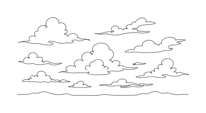 "Sky Cloud Patterns". Minimalistic one-line drawing simple horizon line with various cloud formations above, continuous single black line on white background, simple outline style, no shading, no