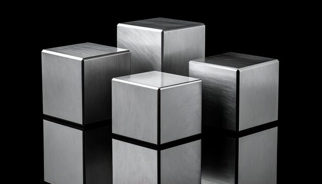 Four metal cubes reflect on a black surface, differing heights, industrial feel