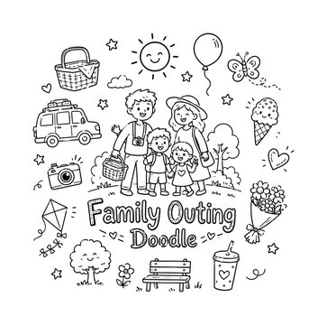 Family Outing Doodle. Hand-drawn doodle illustration of Family Outing Doodle. In the middle, one slightly larger central doodle drawing (main object related to Family Outing Doodle) along with the
