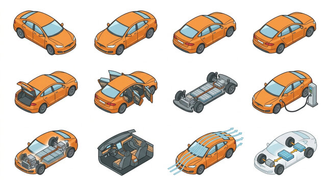 Set of Orange Electric Cars in Different States and Views.