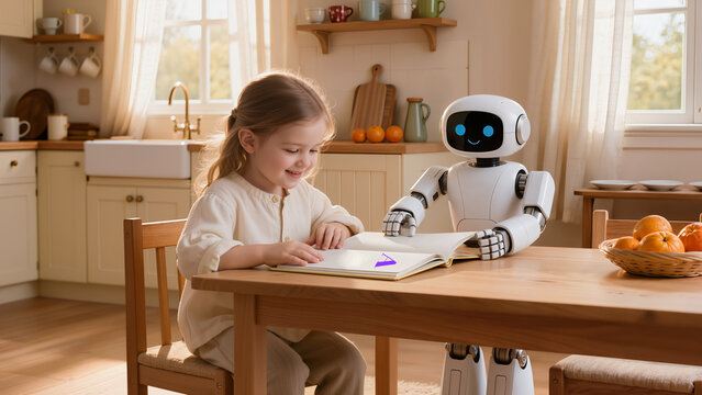 Girl learning letters with robot teacher at kitchen table. Alphabet lesson with primer. Home education assistant. Child development technology concept.