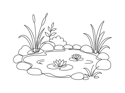 "Pond in Garden". Minimalistic one-line drawing tranquil pond surrounded by stones and reeds with calm water surface, continuous single black line on white background, simple outline style, no