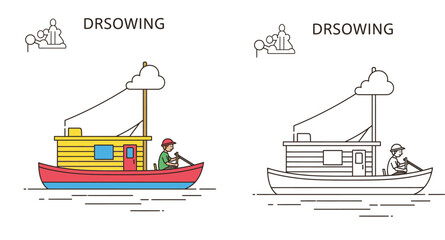 Hand-drawn Illustration Set of a Man Rowing a Houseboat on Water, Including a Colored Version and a Black and White Line Art Outline for Coloring Books, Travel and Leisure Concept © SHOHAG