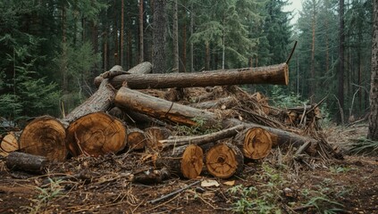 Fototapeta premium Clearing After Illegal Tree Cutting Forest Scene with Huge Logs, Earthy Tones