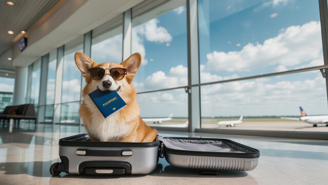 Corgi traveler sitting in open suitcase with passport at airport. Funny pet travel concept. Vacation departure mood.