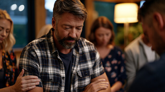 A grief counselor places a hand on a man's forearm as others in the circle bow their heads, rain on tall windows behind the group, warm lamplight steady in the room, perfect for grief support groups