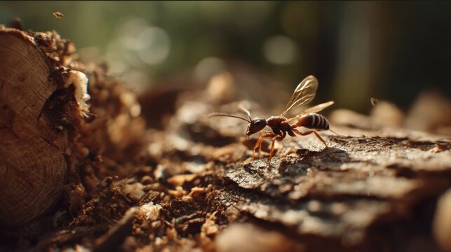 Winged ant on tree stump