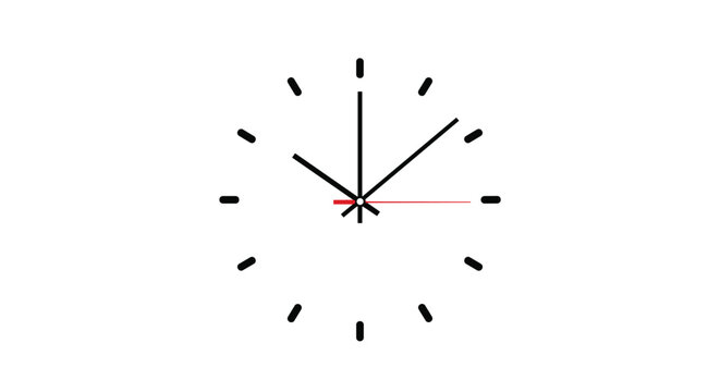 Simple analog clock face with black tick markers and hands set to ten minutes past ten o'clock with a thin red accent hand.