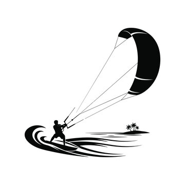 Kitesurfing silhouette vector of surfer riding waves with kite on tropical beach