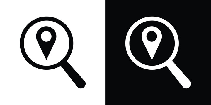 Search location icon set. Magnifying glass with map pin symbol in black and white vector format for address finder and navigation search bar UI.