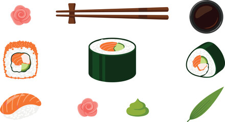 Sushi Collection Vector Illustration with Salmon Maki Rolls Chopsticks Soy Sauce and Wasabi Isolated for Japanese Food Menu Design © MstGulzan