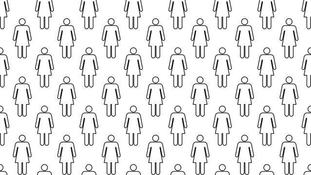 Repeating seamless pattern featuring female figure symbols in stroke line style on a transparent background for female signs, human icons, or gender concepts. Woman symbol seamless pattern background.