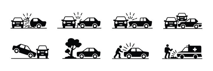 Naklejka premium Car Crash Icons for Road Accident Warning, Emergency Situation and Insurance Related Design Elements