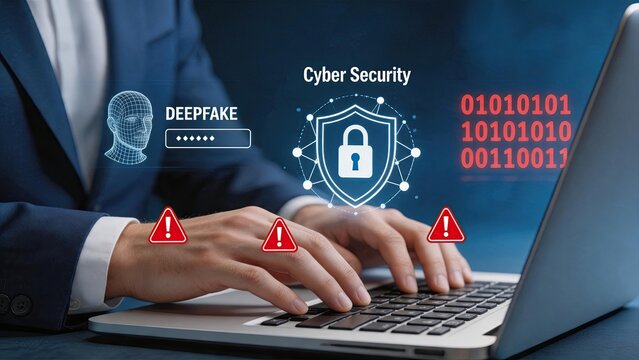 Cyber security concept protecting against deepfake threats, hacker typing on laptop with warning signs, digital identity theft prevention, binary code data encryption, online