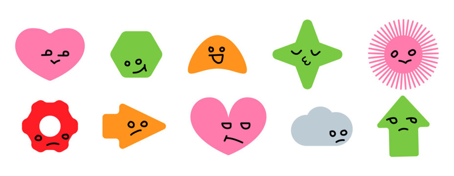 Geometric figure face Cute cartoon shapes with funny faces Star, heart, flower elements with eyes set