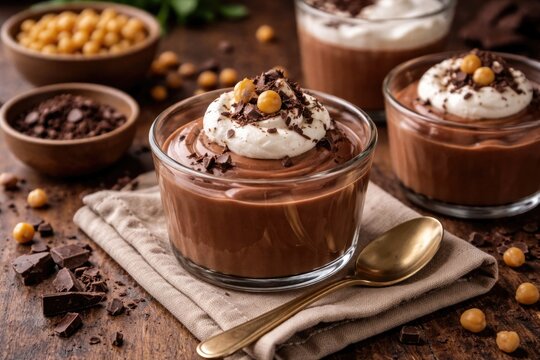 Plant-based chocolate pudding featuring chickpeas and aquafaba in elegant glass ramekins