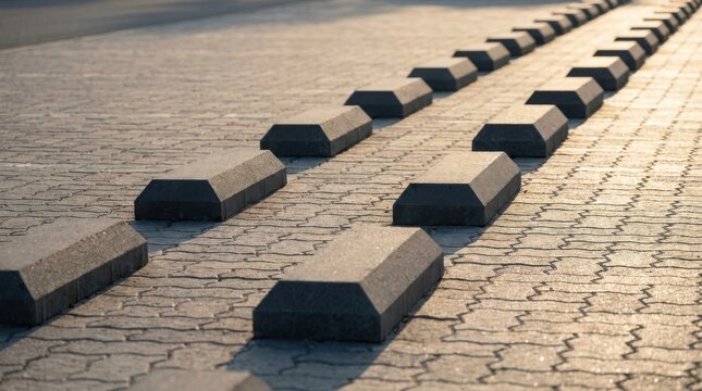 Symmetrical Row of Dark Concrete Parking Stops on Paved Ground