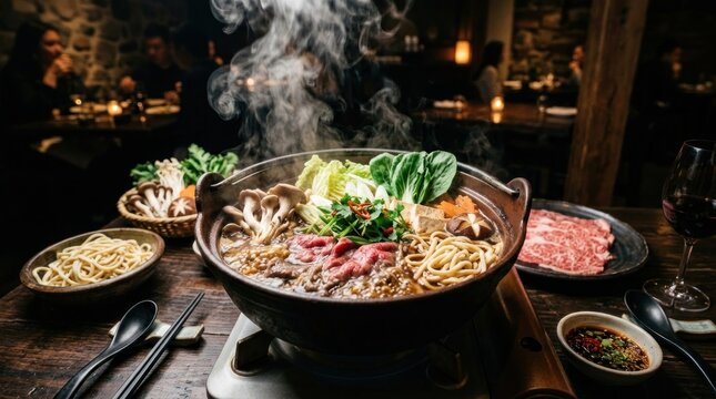 A steaming hot pot of Korean-style beef ramen sits on a dark wooden table, releasing a plume of vapor. The bowl is filled with tender slices of beef, noodles, 