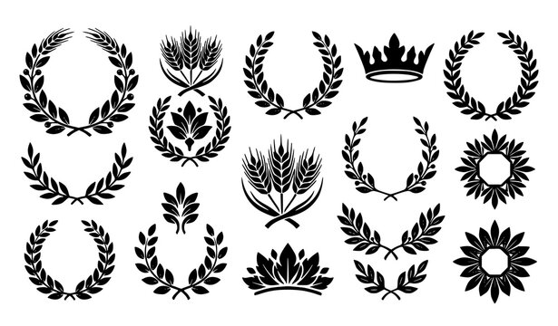 Greek laurel wreath silhouette vector set with floral wheat award emblems