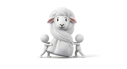 Fototapeta premium Two people handling a giant soft wool sheep