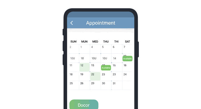 Smartphone Screen Displaying Online Doctor Appointment Booking App and Calendar Interface for Healthcare Scheduling