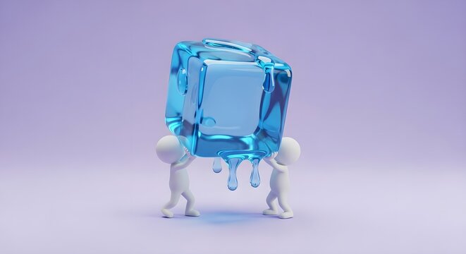 Small characters lifting a melting giant ice cube