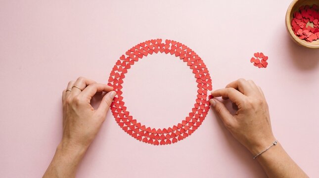 Hands arranging red candy pieces into a circle on pink surface