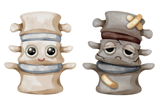 Comparison of healthy and damaged human spine vertebrae. Watercolor cartoon characters of strong vs broken back bone with bandages for orthopedic concept. Illustration.