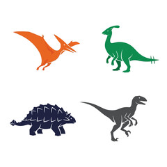 Fototapeta premium Colorful Silhouettes of Various Prehistoric Dinosaurs in Flight and on Land.
