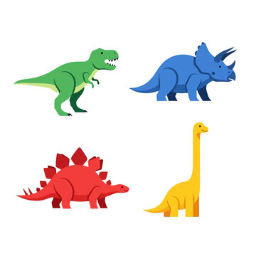 Colorful Cartoon Dinosaurs - Tyrannosaurus Rex, Triceratops, Stegosaurus, and Brachiosaurus.