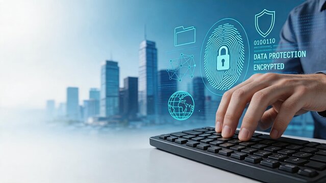 Data encryption concept, hand typing on keyboard with digital fingerprint and lock icon overlay, cybersecurity privacy protection theme, encrypted file folder network security,