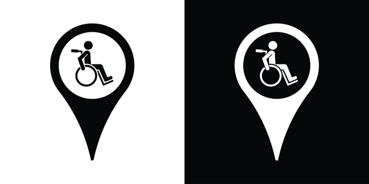 Wheelchair user location pointer icon. Handicap accessible map pin symbol in black and white vector style for health facilities and inclusive navigation.