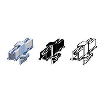 Three different colored metal profiles with bolts and rectangular shapes for industrial construction and design applications  industrial components