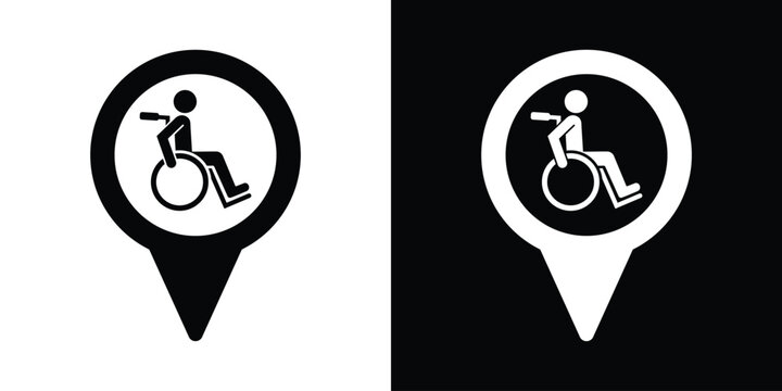 Wheelchair user location pointer icon. Handicap accessible map pin symbol in black and white vector style for health facilities and inclusive navigation.