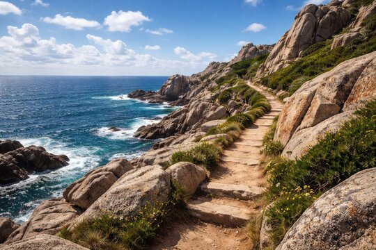 Scenic rocky granite landscape beside an oceanfront hiking route