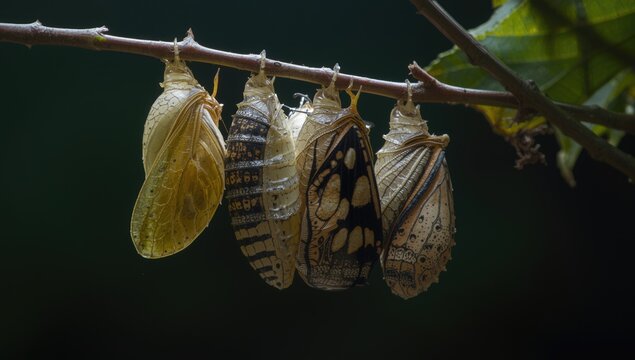 Butterfly metamorphosis stage with suspended protective pupae and cocoons
