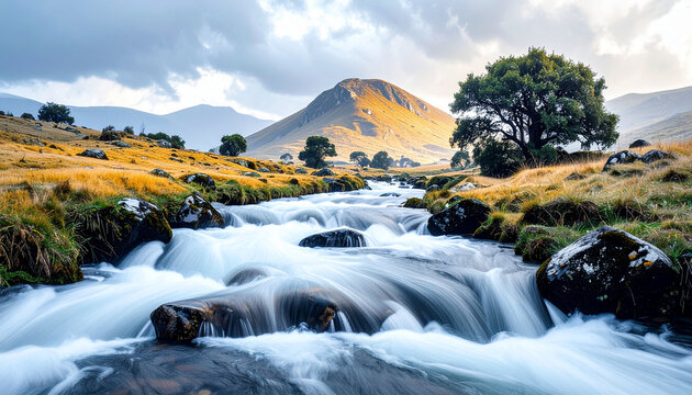 Cascading river rapids verdant mountain background