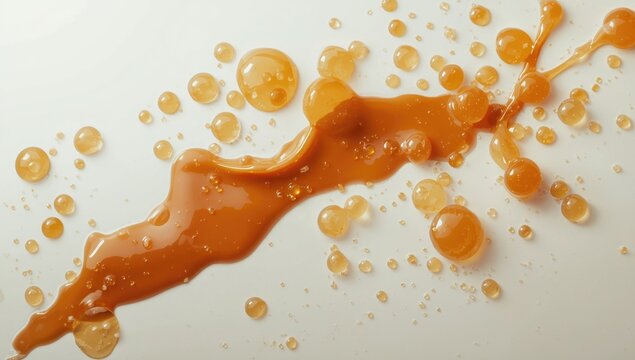 Caramel and milk droplets clashing on a pure white surface